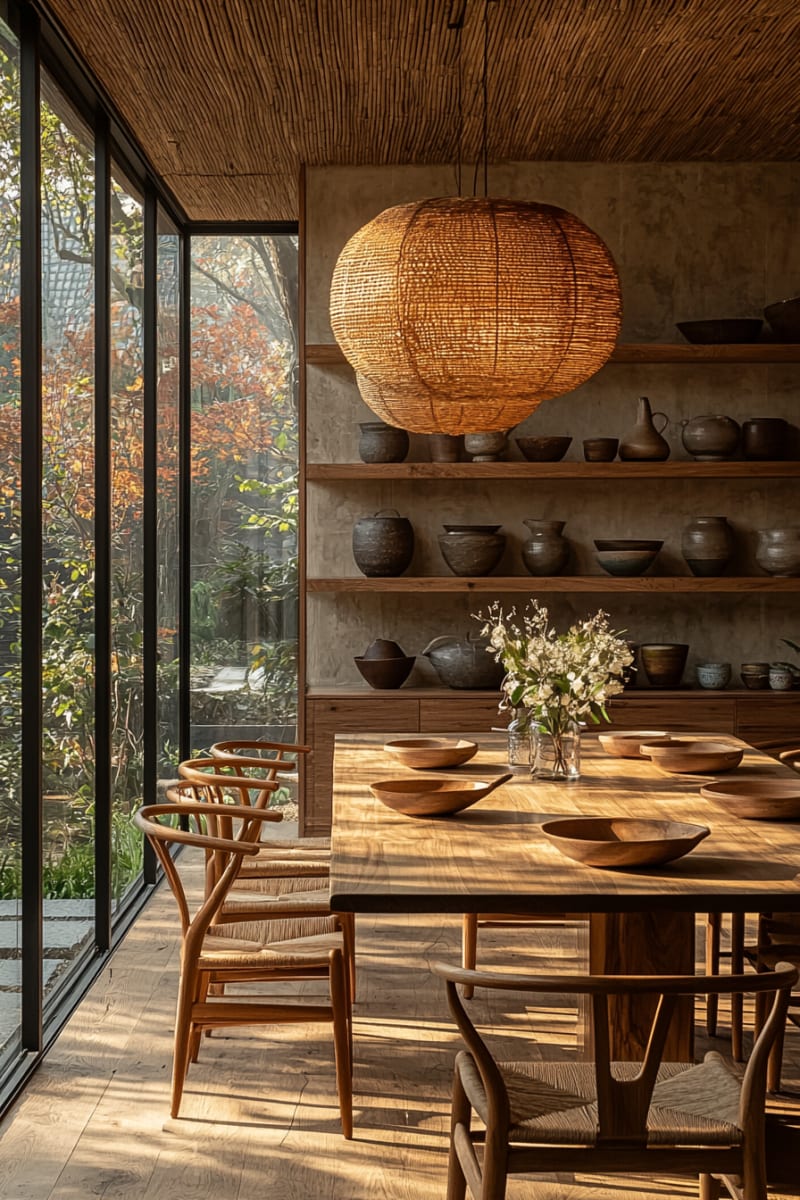 Minimalist Japanese dining room with cherry blossom branches, paper lantern, and wooden furniture featuring textured stone wall