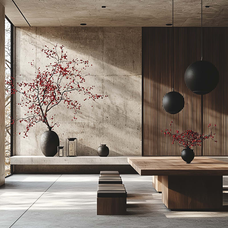 Minimalist Japanese dining room with red berry branches, concrete walls, and wooden furniture featuring black spherical pendant lights