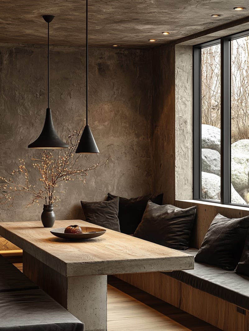 Minimalist Japanese dining room with concrete walls, wooden table, black pendant lights, and winter rock garden view