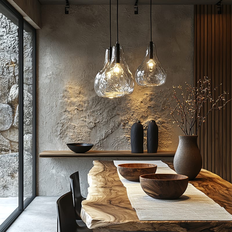 Minimalist Japanese dining room with textured concrete wall, live-edge wooden table, glass pendant lights, and dried branch decor