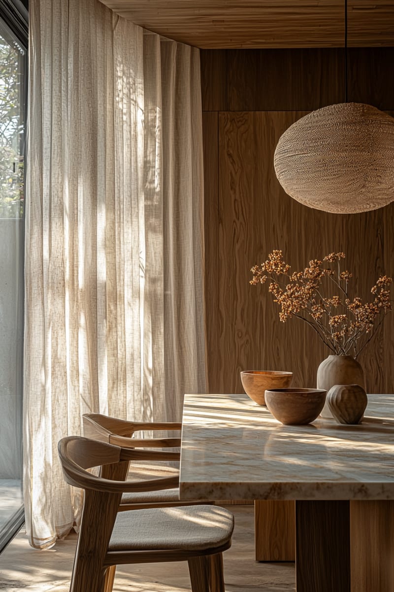 Minimalist Japanese dining room with soft linen curtains, woven pendant light, and dried berry branches in ceramic vase