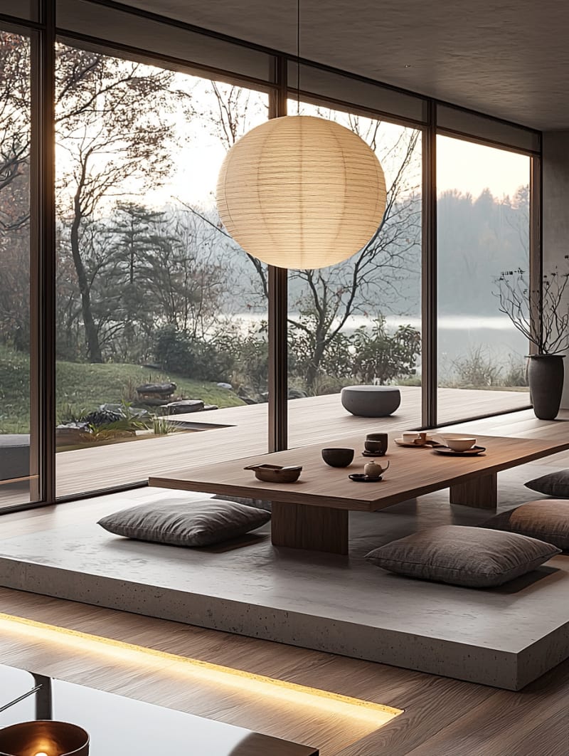 Minimalist Japanese dining room with paper lantern, low wooden table, floor cushions, and expansive forest view through floor-to-ceiling windows