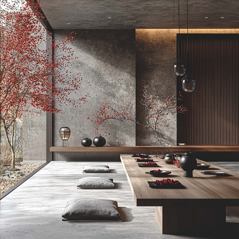 Minimalist Japanese dining room with concrete walls, wooden low table, floor cushions, and dramatic red berry branches