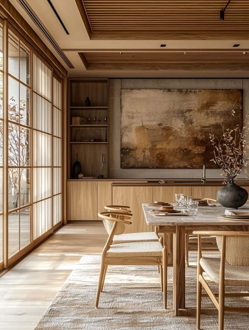 Minimalist Japanese dining room with wooden table, woven chairs, shoji screens, and abstract wall art