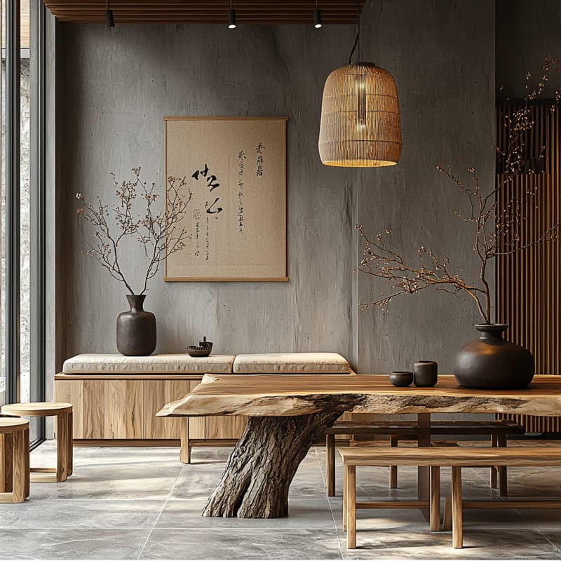 Minimalist Japanese dining room with live-edge tree trunk table, woven pendant light, and seasonal branch decor