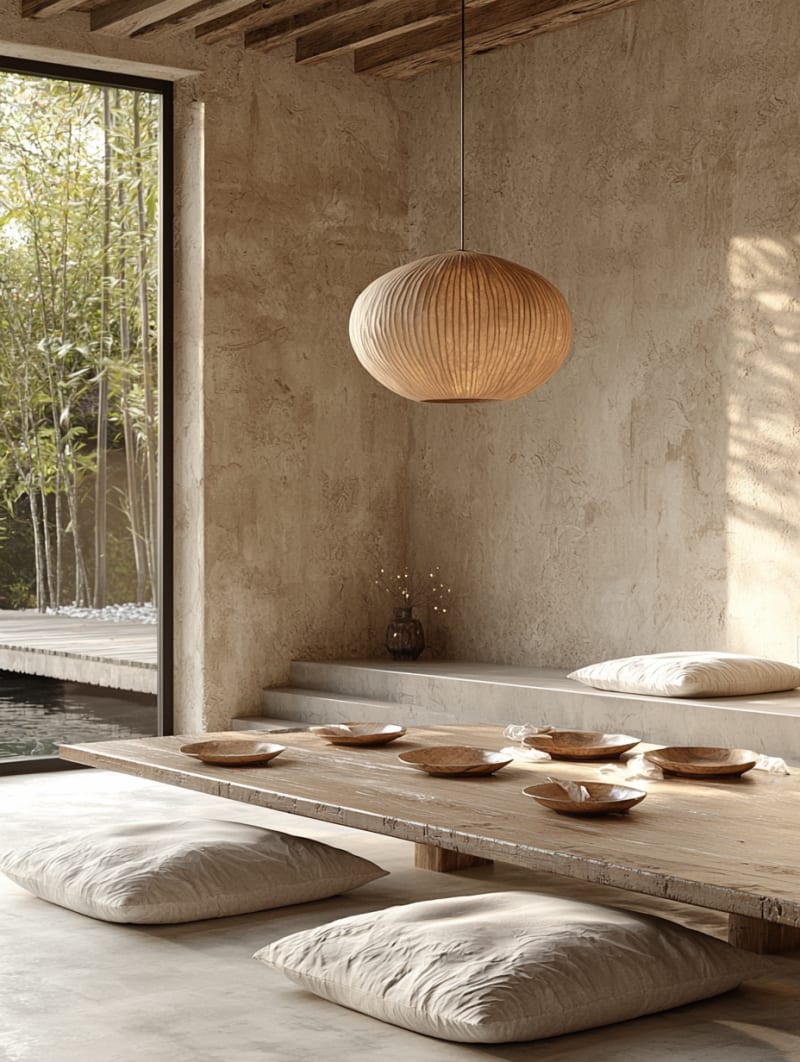 Minimalist Japanese dining room with paper lantern, wooden low table, floor cushions, and bamboo garden view