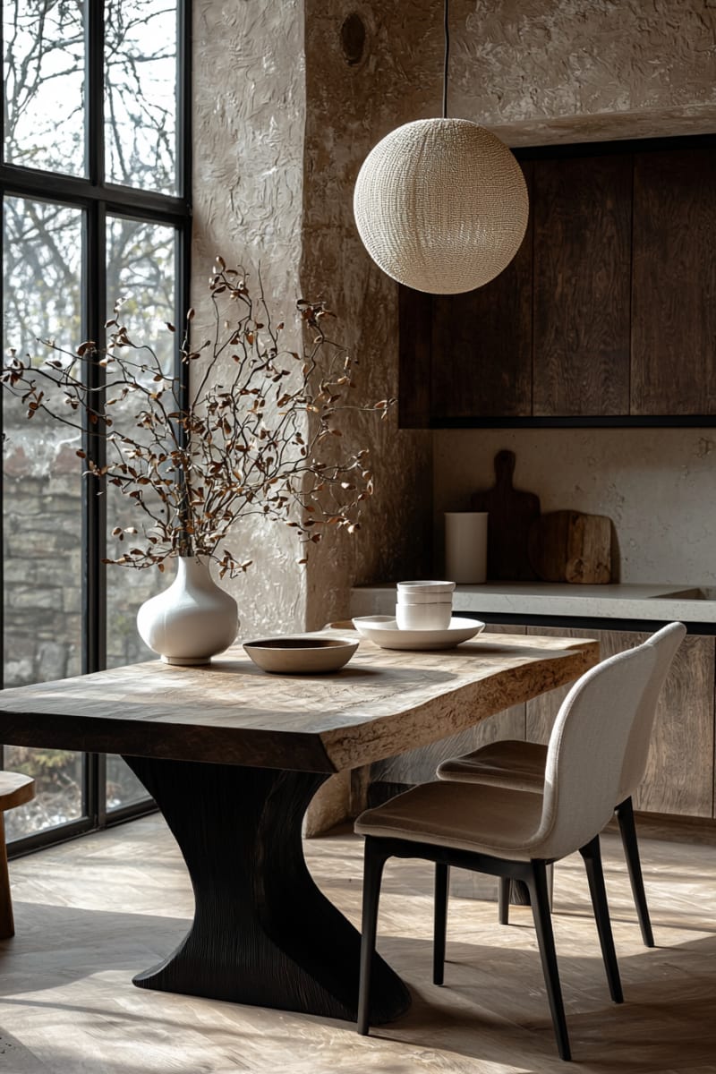 Minimalist Japandi dining room with white ceramic vase, dried winter branches, textured pendant light, and live-edge wooden table