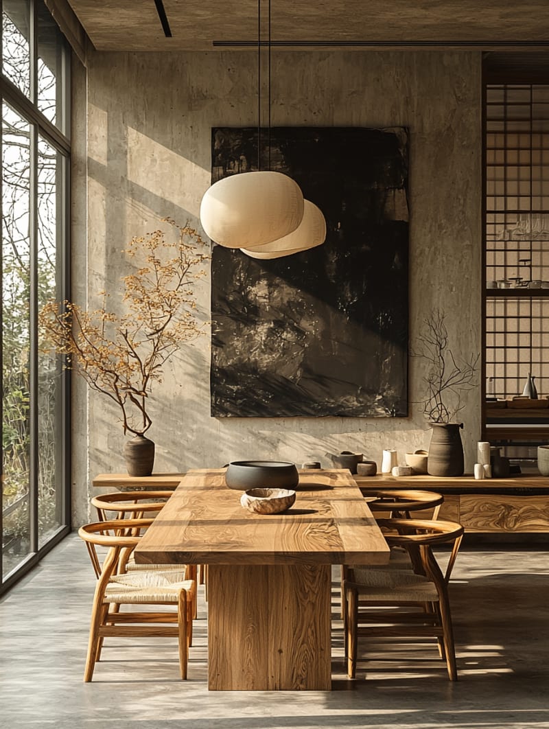 Minimalist Japanese dining room with dried branches, concrete walls, and live-edge wooden dining table featuring organic ceramic vessels