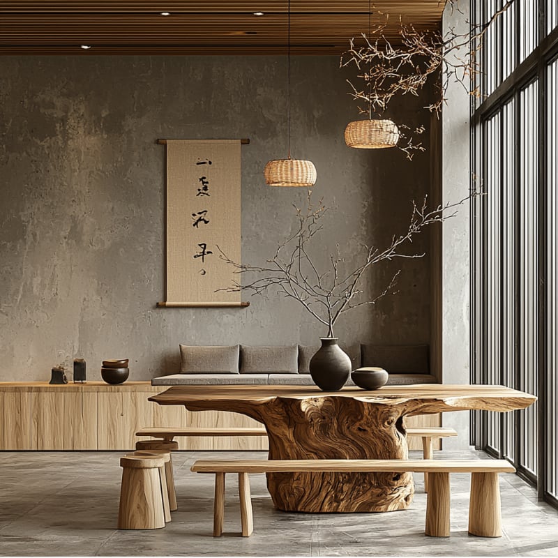 Minimalist Japanese dining room with bare branches, woven pendant lights, and live-edge wooden table featuring concrete wall and calligraphy scroll