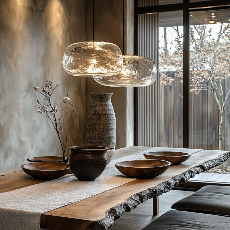 Minimalist Japanese dining space with live-edge wooden table, organic glass pendant lights, and ceramic vase with dried branches