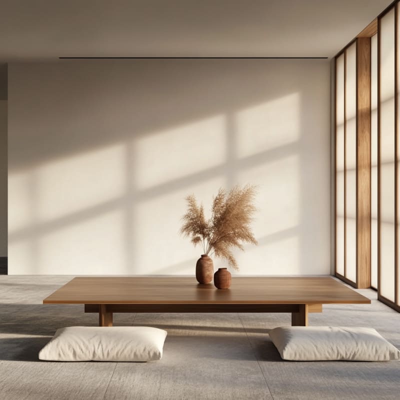 Minimalist Japanese interior with low wooden table, pampas grass, and soft natural light through wooden-framed windows