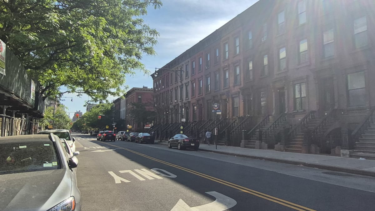 A long row of brownstone stoops along a sunny residential street, with a sidewalk shed opposite