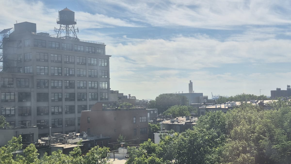 A brick loft building with a rooftop water tower above a low-rise district and green treetops