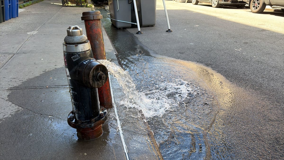 An open fire hydrant gushing water across a city sidewalk on a sunny day