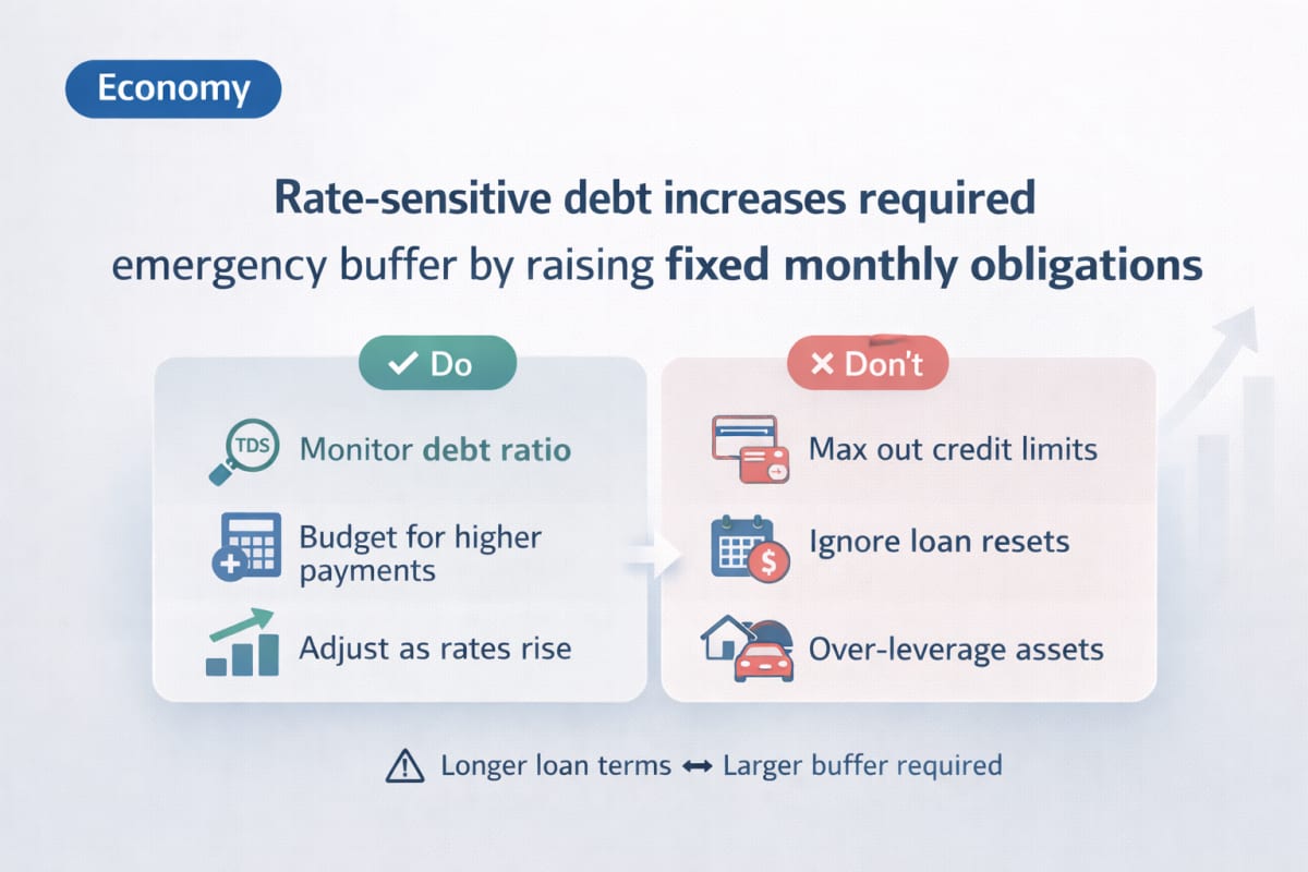 Rate-sensitive debt increases required emergency buffer by raising fixed monthly obligations