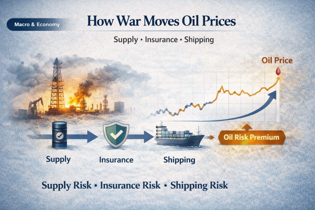 Oil reacts to war in three steps: barrels, premiums, and routes.