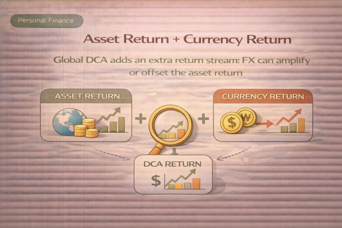 Global DCA adds an extra return stream: FX can amplify or offset the asset return.