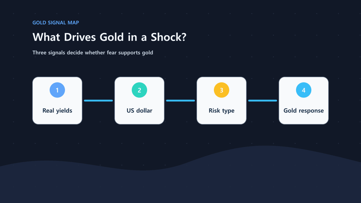 Gold moves with a package: real rates, USD, and uncertainty regimes.