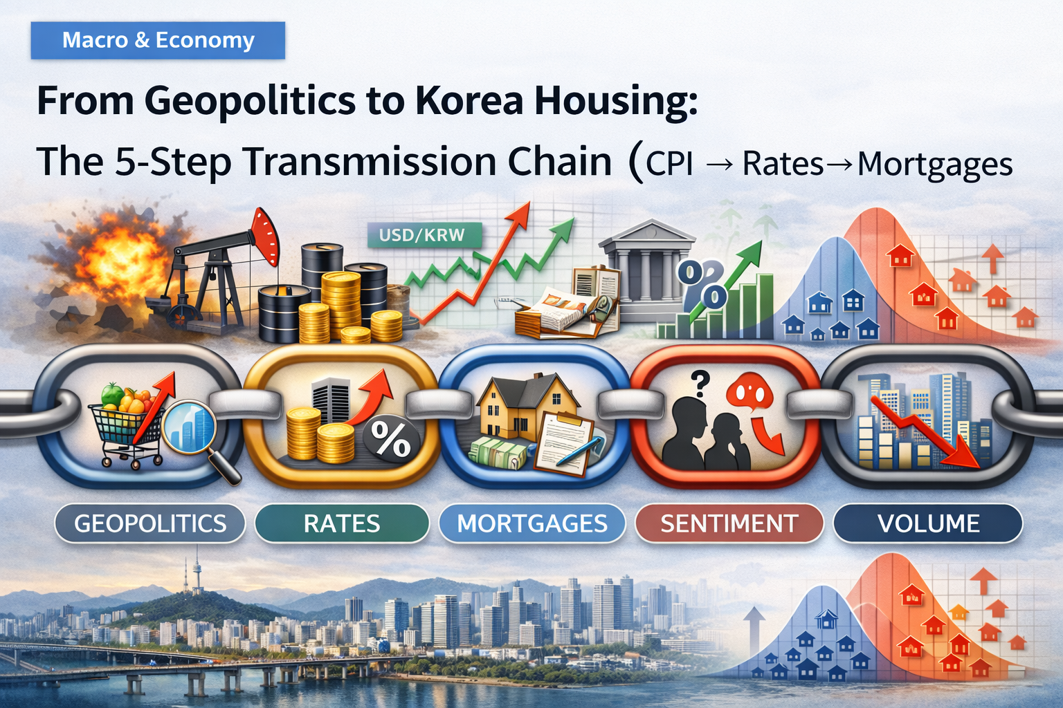 From Geopolitics to Korea Housing: The 5-Step Transmission Chain (CPI → Rates → Mortgages → Sentiment → Volume)
