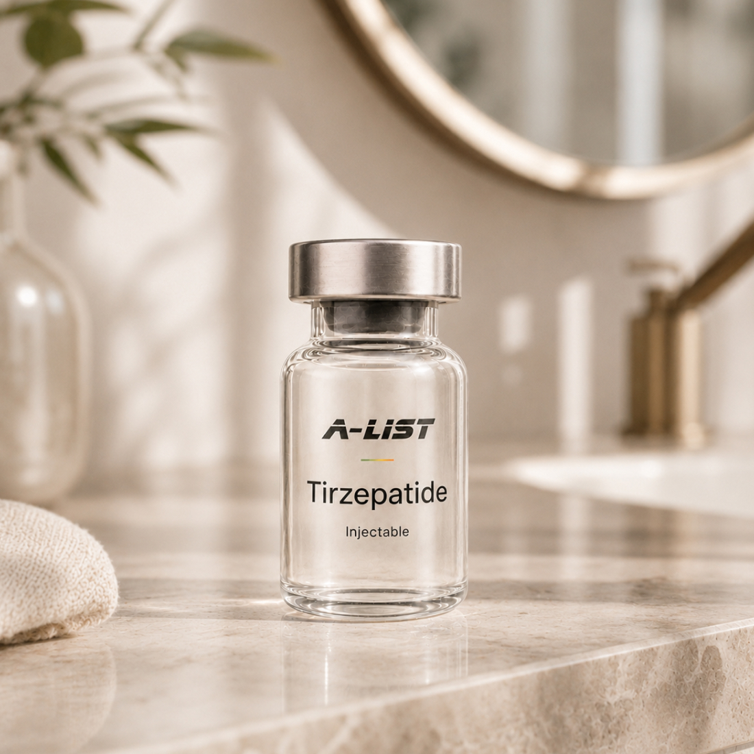 A-LIST Tirzepatide (with B12) bottle on stone