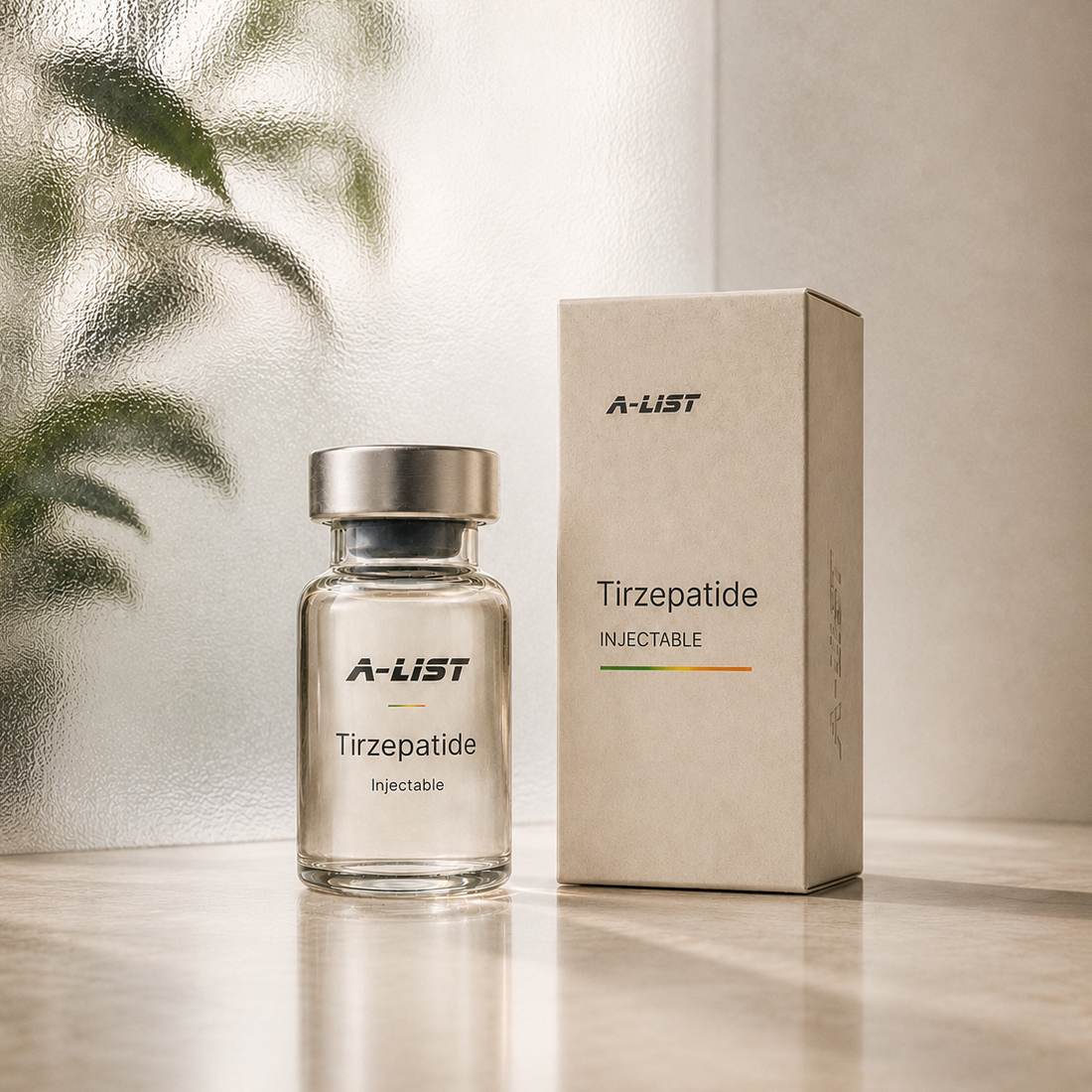 A-LIST Tirzepatide (with B12) bottle in foliage