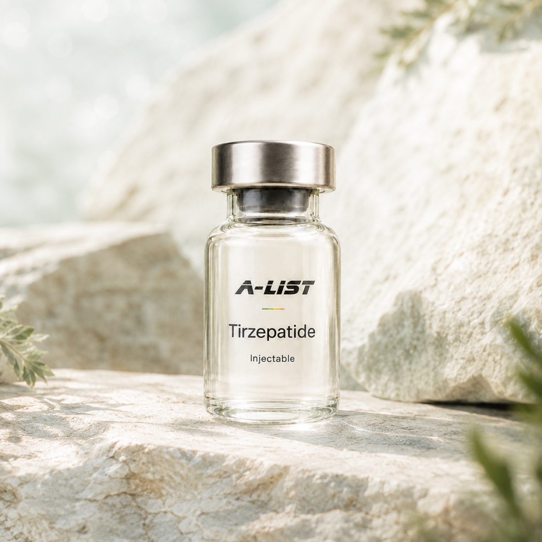 A-LIST Tirzepatide (with B12) vial, amber glow