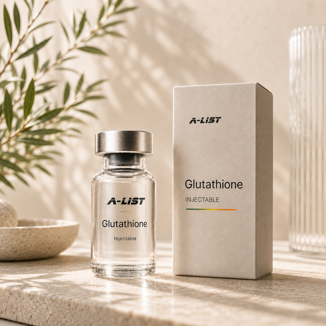 A-LIST Glutathione 200mg/mL injectable vial and carton