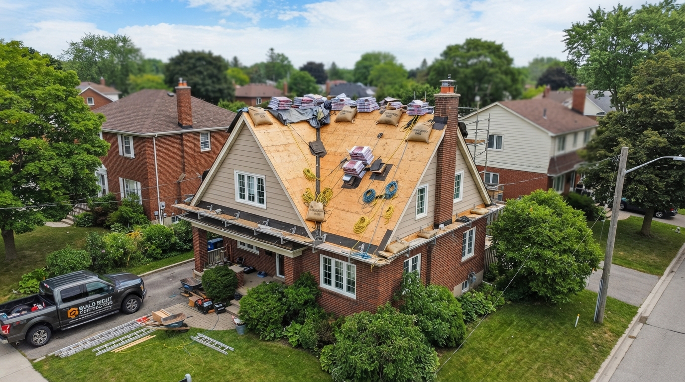 Roofing crew working on a home roof
