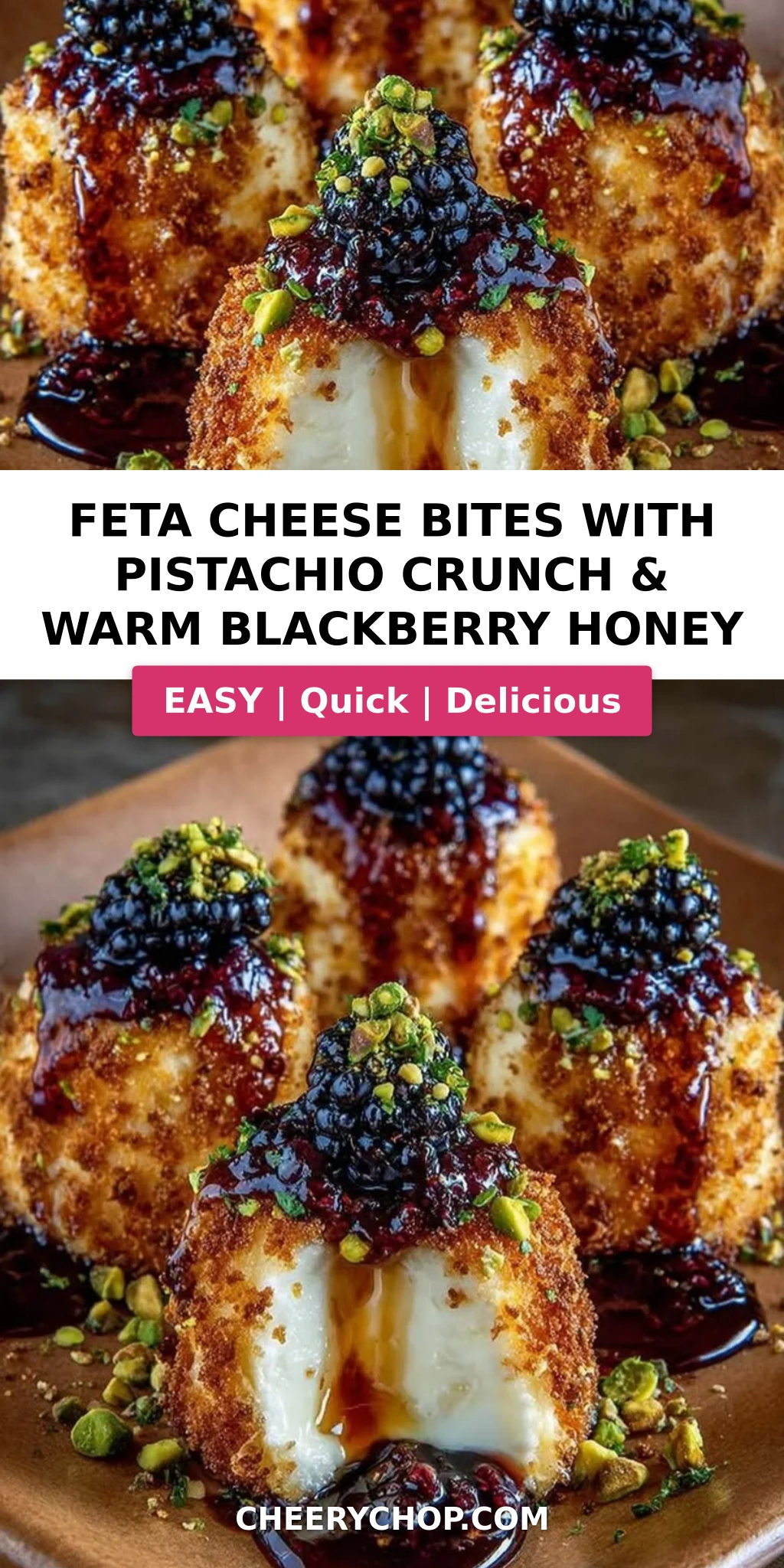 Feta Cheese Bites with Pistachio Crunch & Warm Blackberry Honey