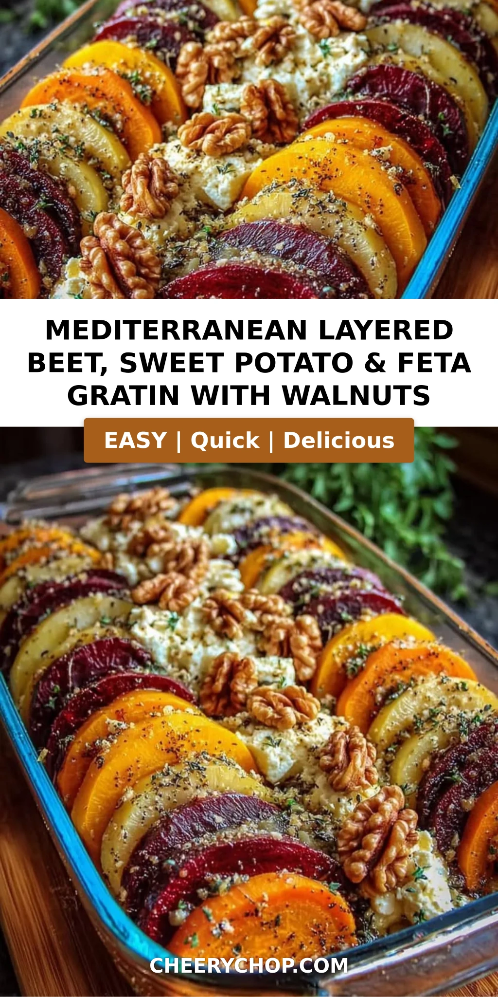 Mediterranean Layered Beet, Sweet Potato & Feta Gratin with Walnuts
