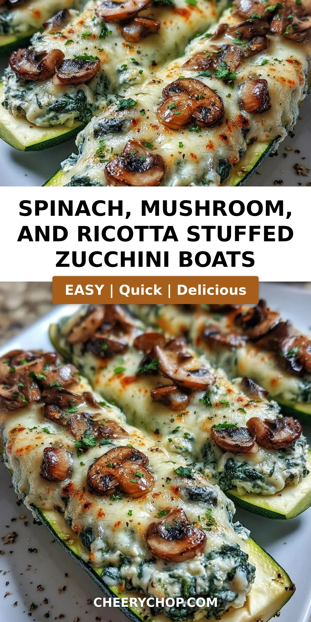Spinach, Mushroom, and Ricotta Stuffed Zucchini Boats