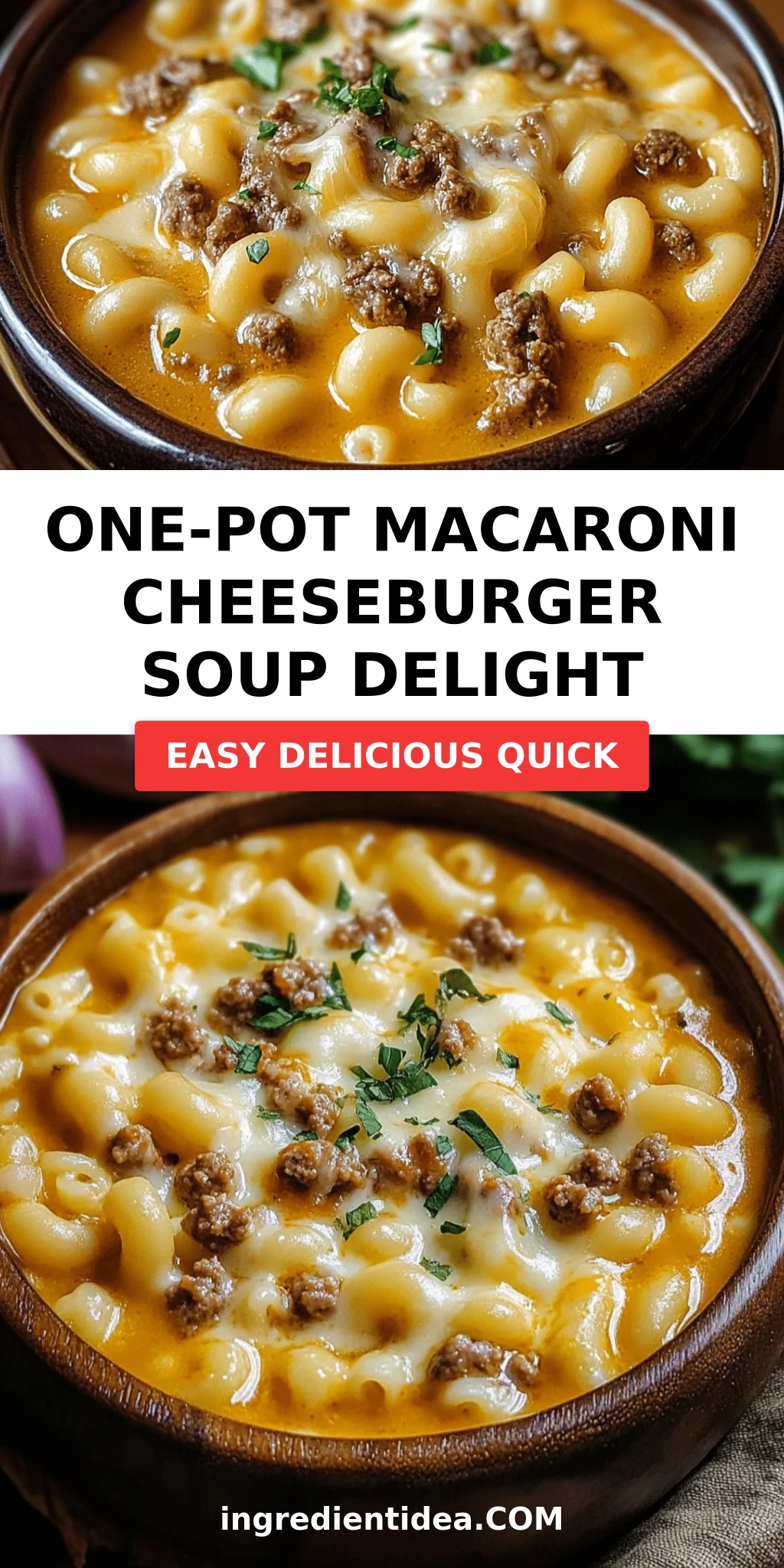 One-Pot Macaroni Cheeseburger Soup Delight