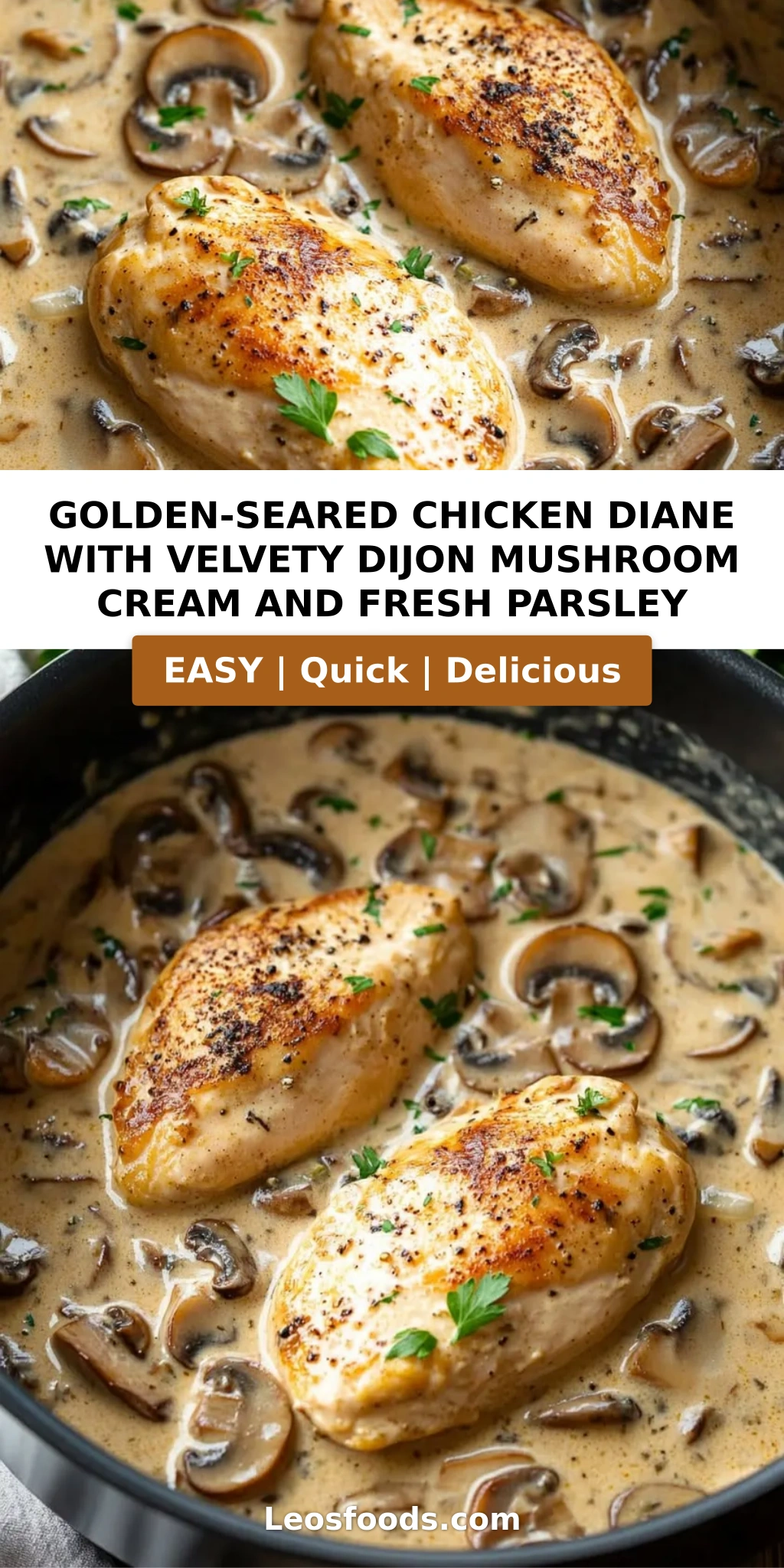 Golden-Seared Chicken Diane with Velvety Dijon Mushroom Cream and Fresh Parsley