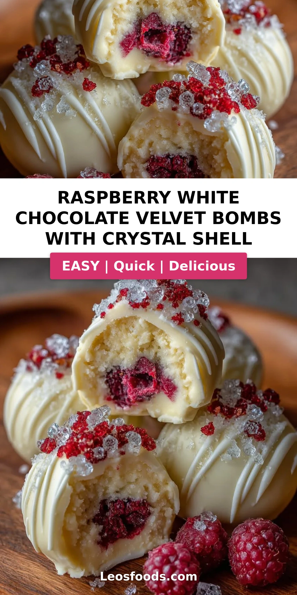 Raspberry White Chocolate Velvet Bombs with Crystal Shell
