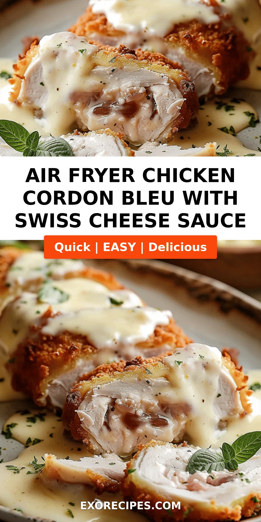 Air Fryer Chicken Cordon Bleu with Swiss Cheese Sauce