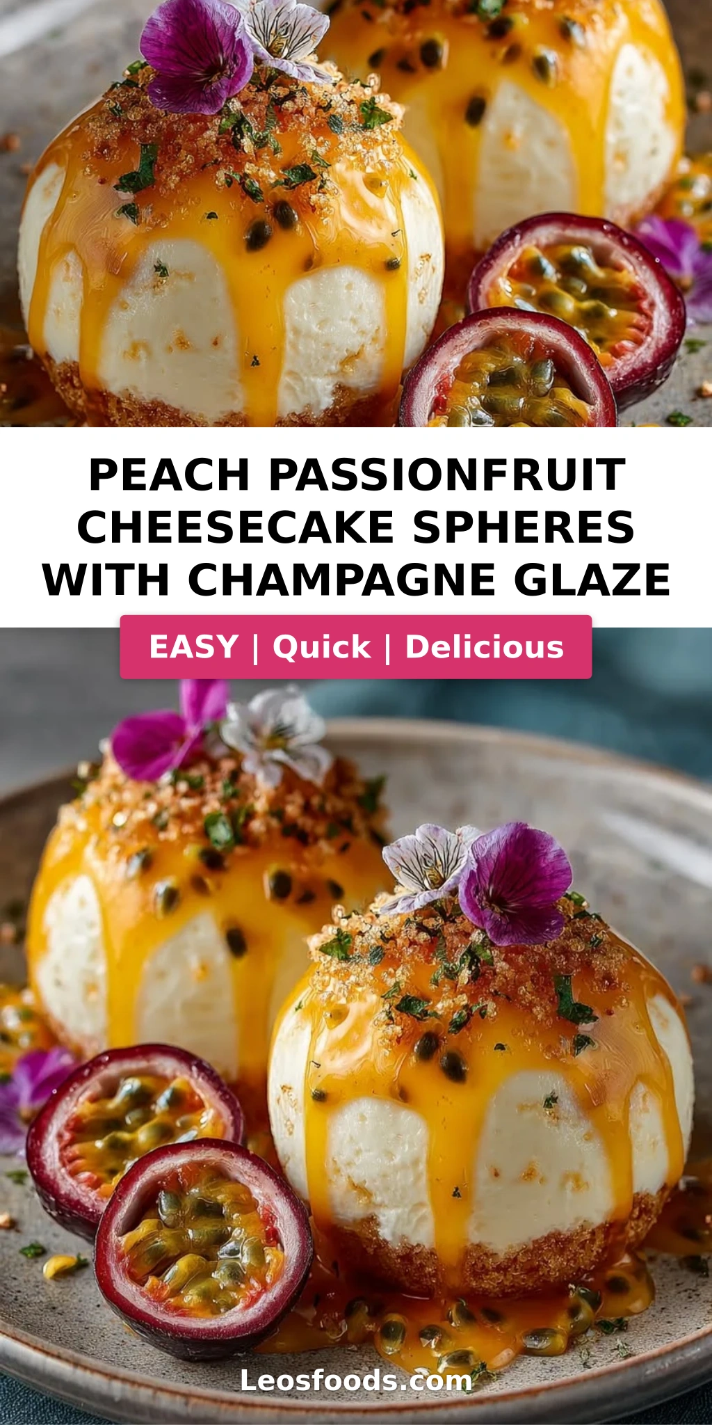 Peach Passionfruit Cheesecake Spheres with Champagne Glaze