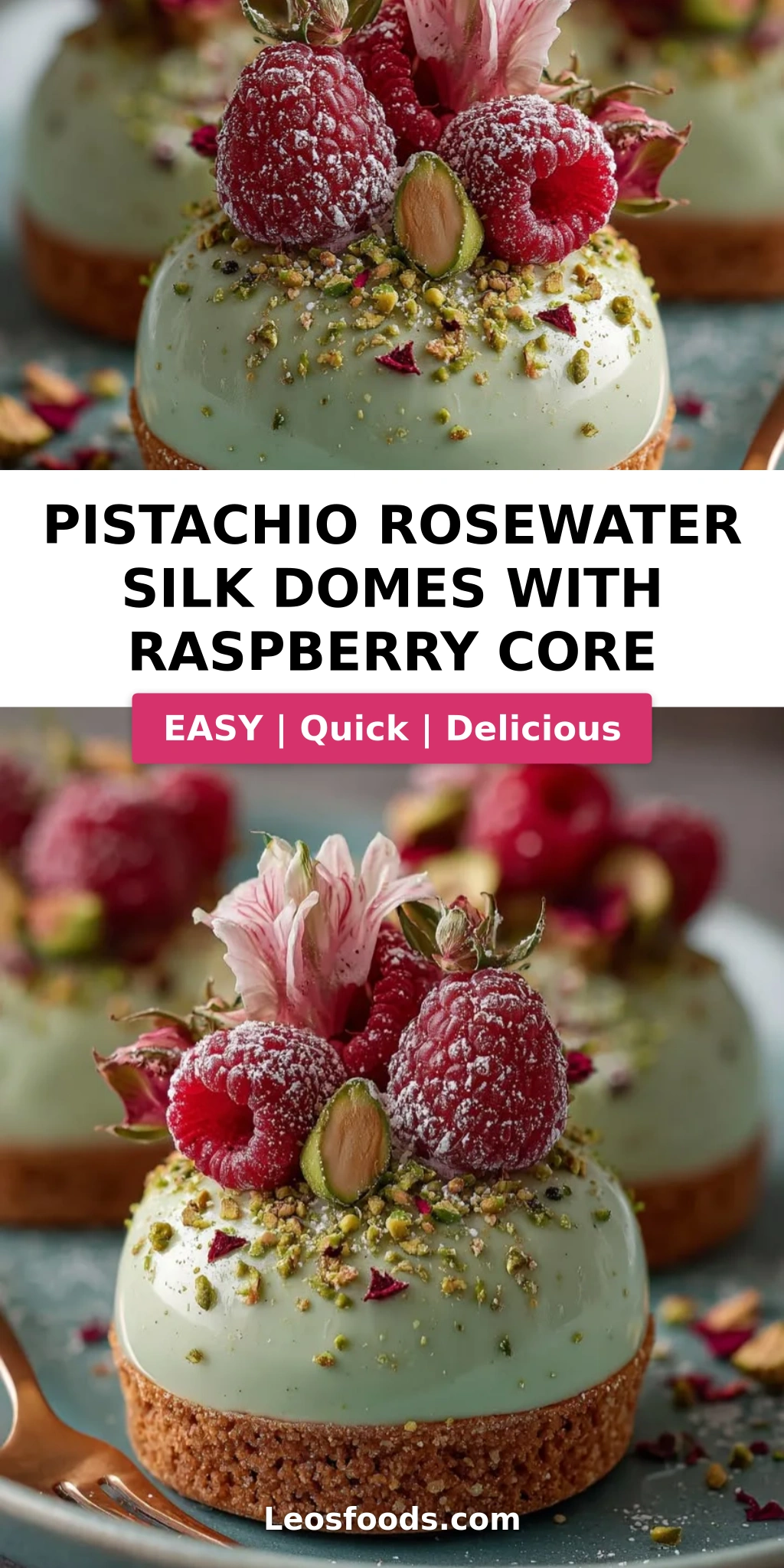 Pistachio Rosewater Silk Domes with Raspberry Core