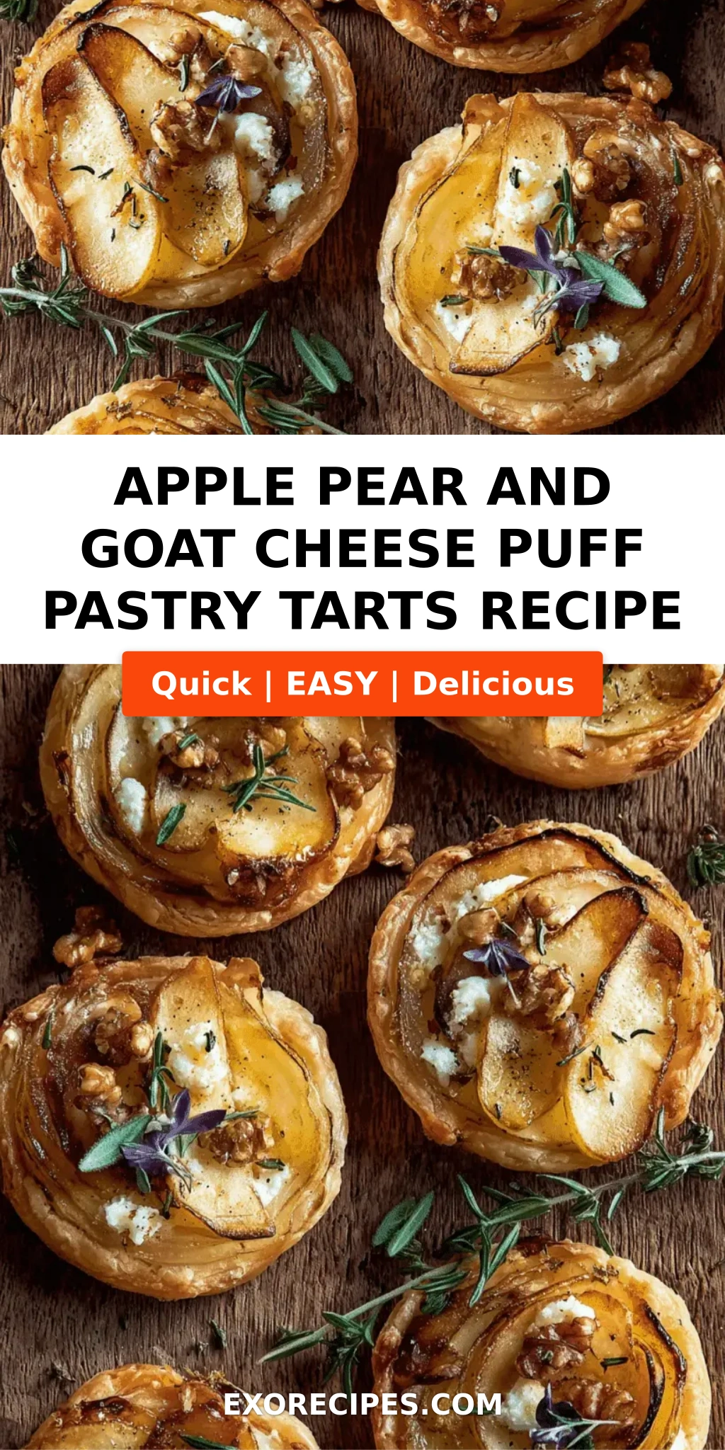 Apple, Pear & Goat Cheese Puff Pastry Tarts with Toasted Walnuts