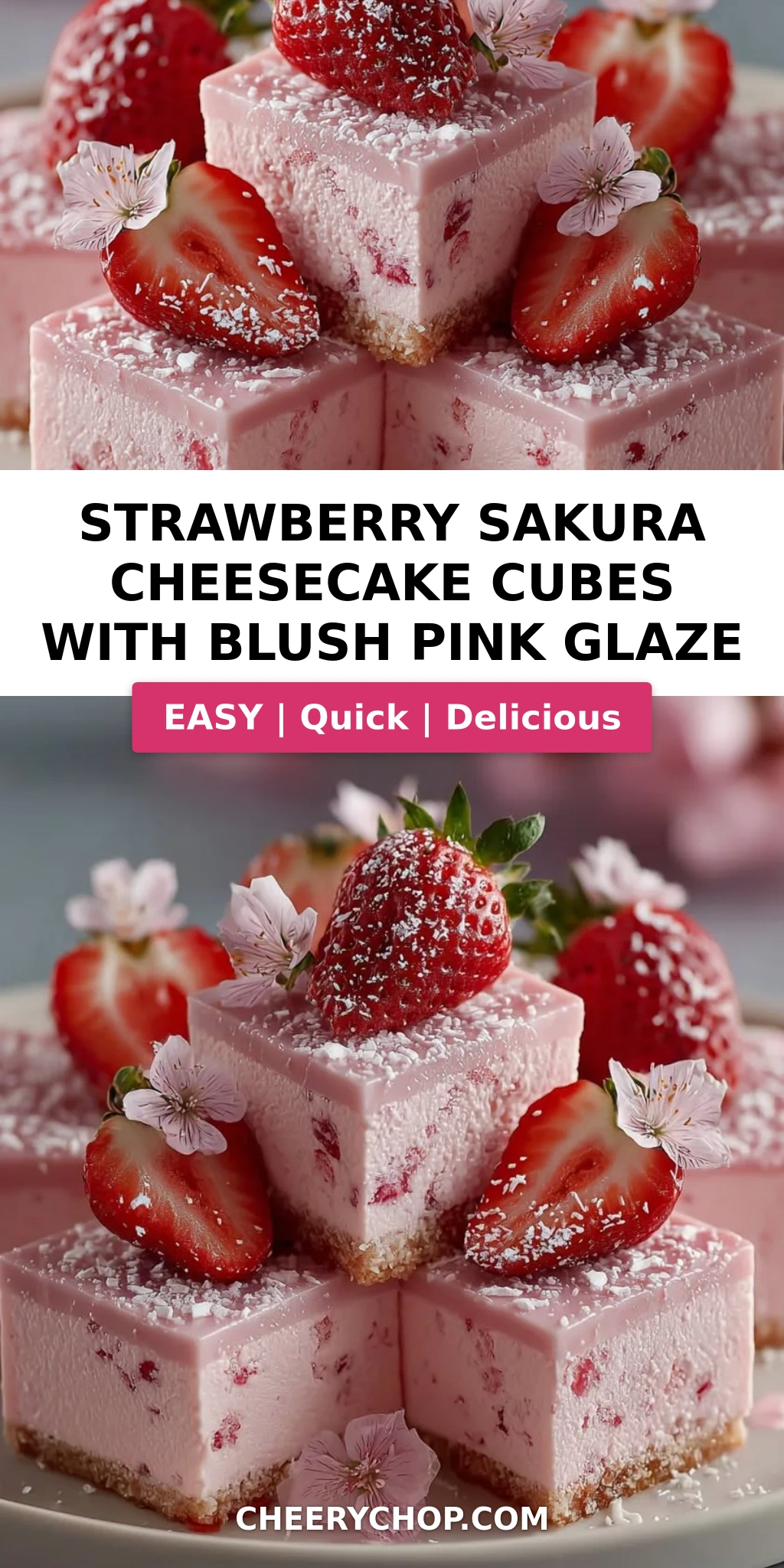 Strawberry Sakura Cheesecake Cubes with Blush Pink Glaze
