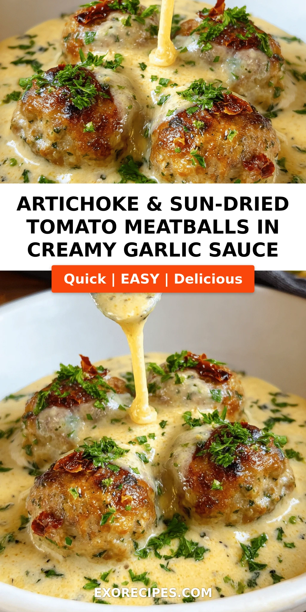 Artichoke & Sun-Dried Tomato Meatballs in Creamy Garlic Sauce