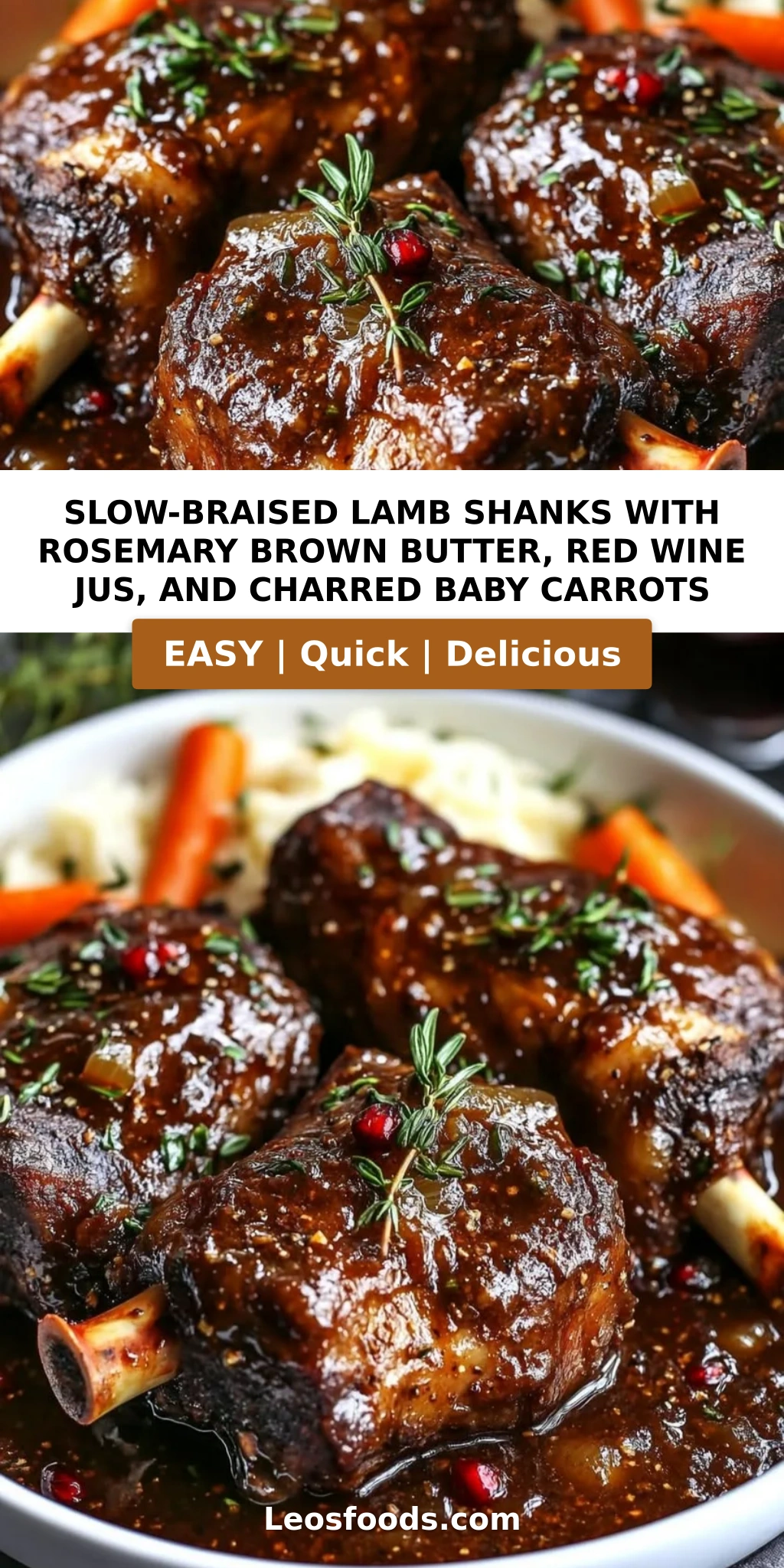 Slow-Braised Lamb Shanks with Rosemary Brown Butter, Red Wine Jus, and Charred Baby Carrots