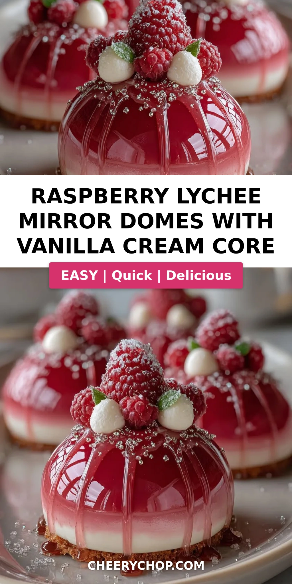 Raspberry Lychee Mirror Domes with Vanilla Cream Core