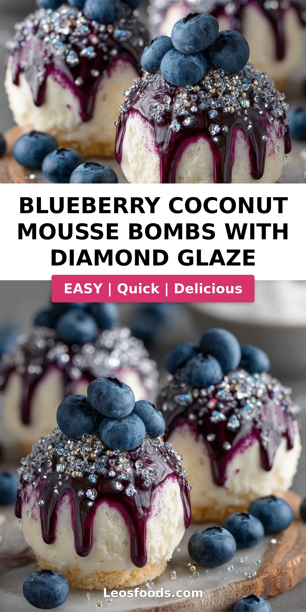 Blueberry Coconut Mousse Bombs with Diamond Glaze