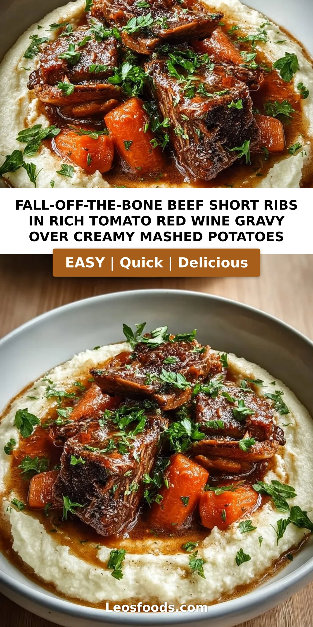 Fall-Off-the-Bone Beef Short Ribs in Rich Tomato Red Wine Gravy Over Creamy Mashed Potatoes