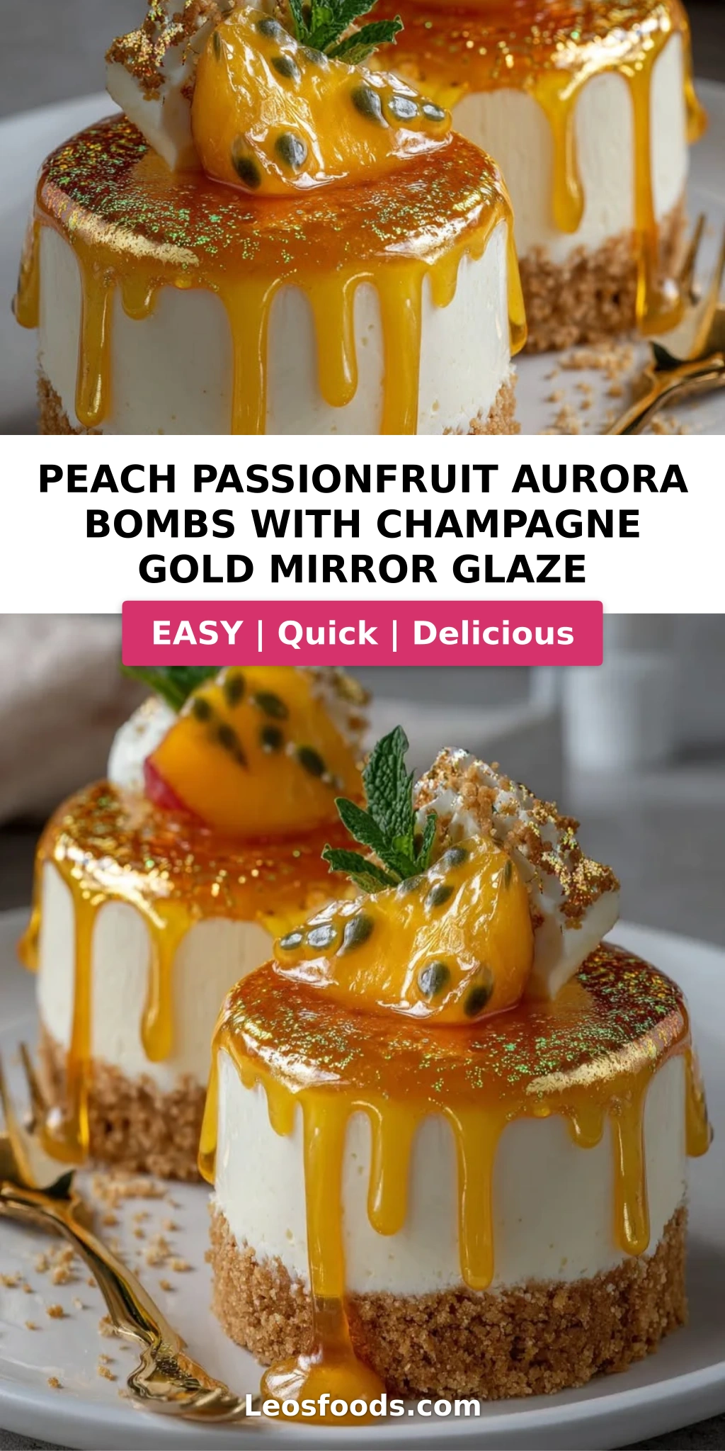 Peach Passionfruit Aurora Bombs with Champagne Gold Mirror Glaze