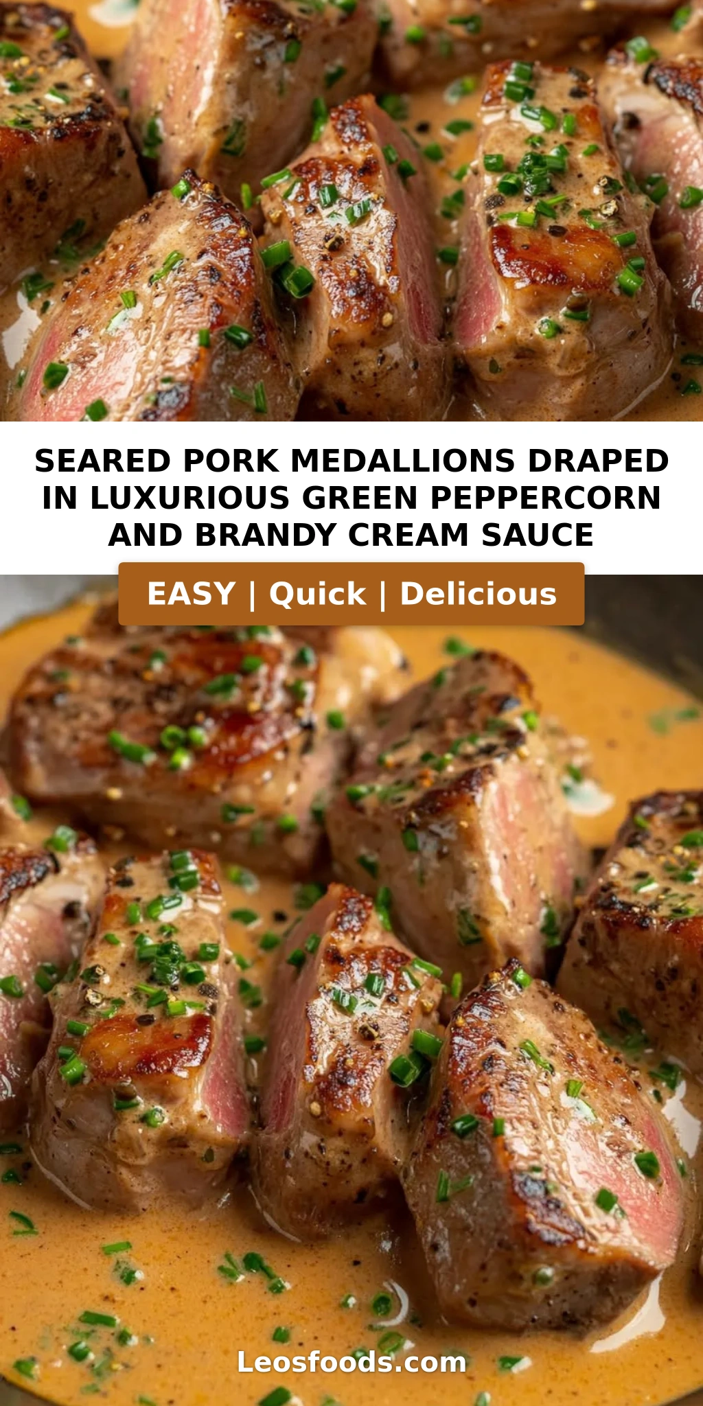 Seared Pork Medallions Draped in Luxurious Green Peppercorn and Brandy Cream Sauce