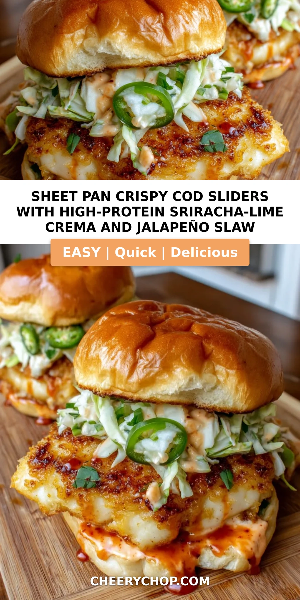 Sheet Pan Crispy Cod Sliders with High-Protein Sriracha-Lime Crema and Jalapeño Slaw