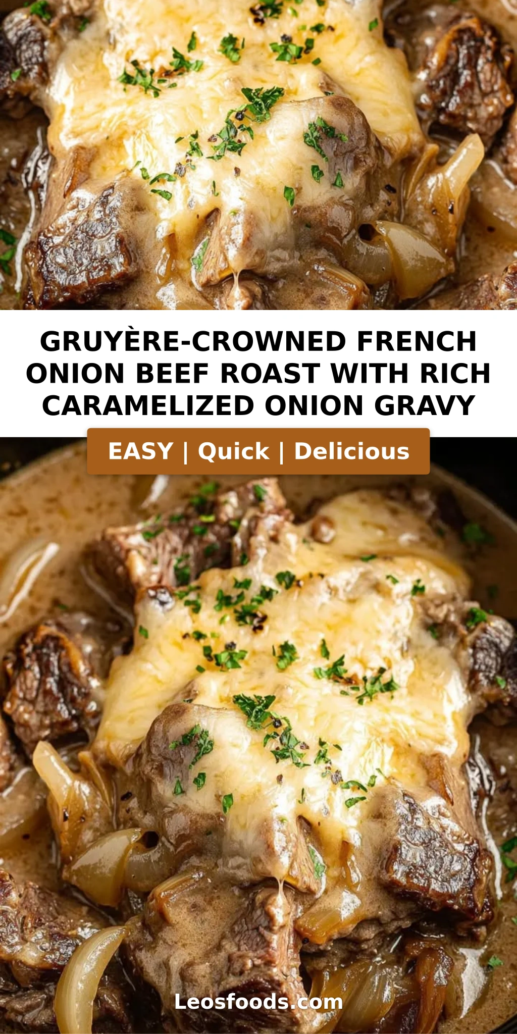Gruyère-Crowned French Onion Beef Roast with Rich Caramelized Onion Gravy