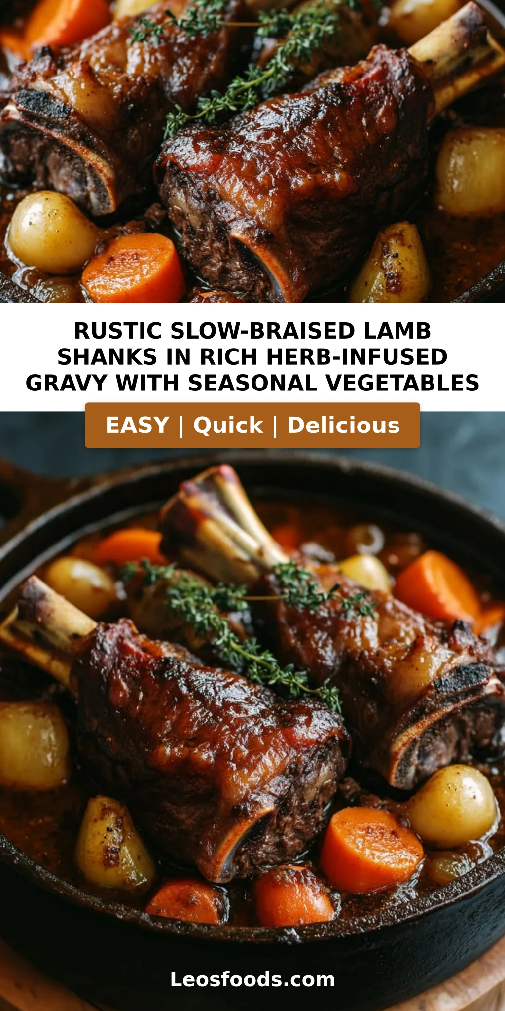 Rustic Slow-Braised Lamb Shanks in Rich Herb-Infused Gravy with Seasonal Vegetables