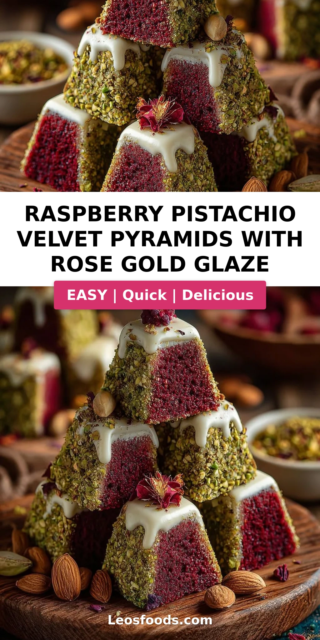 Raspberry Pistachio Velvet Pyramids with Rose Gold Glaze